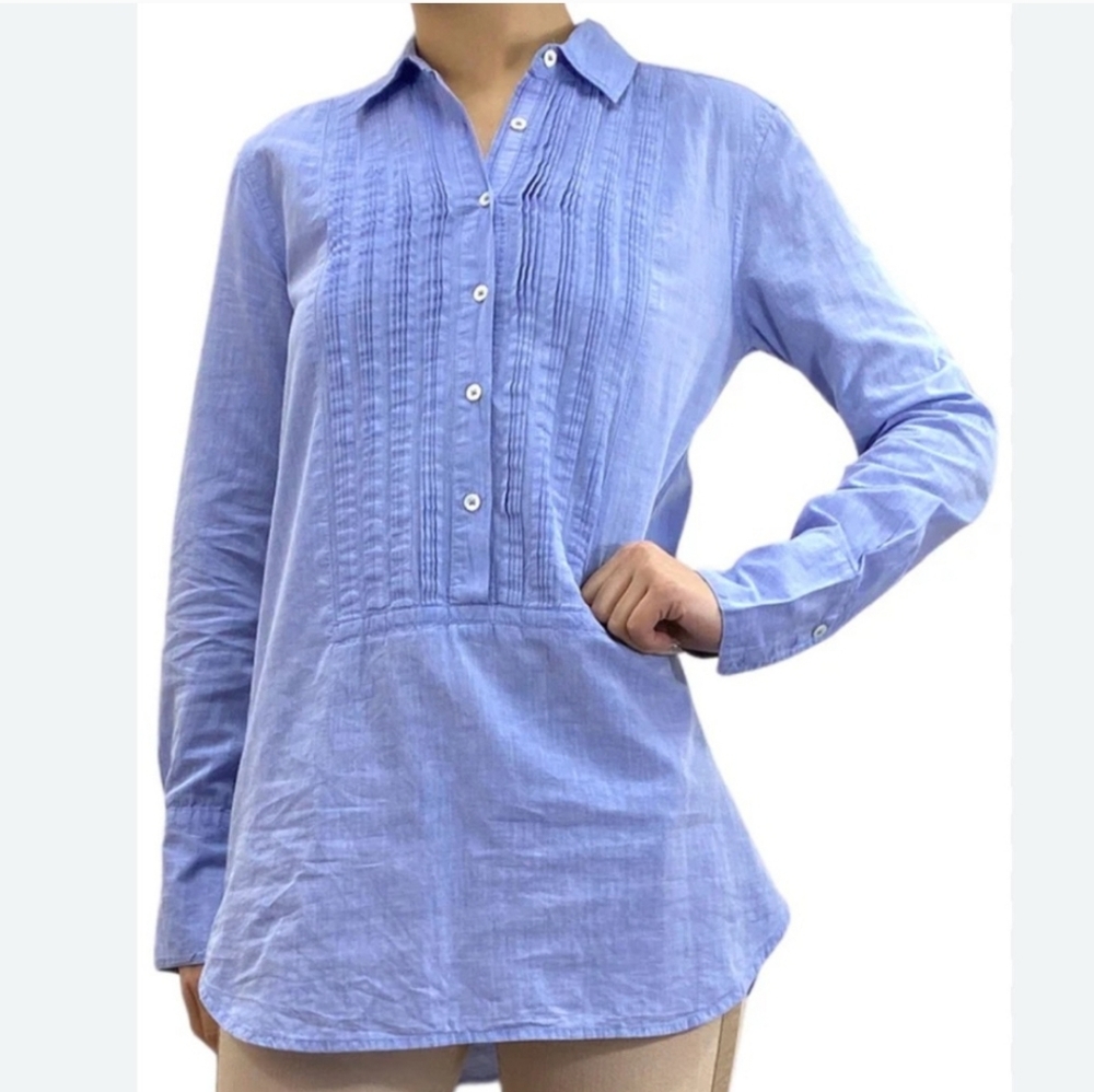 J. CREW Blue Cotton Half Button Pin Tuck Tuxedo Pullover Tunic Top